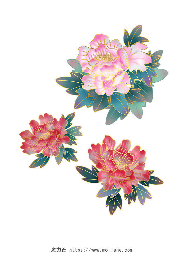 彩色手绘国潮古风中国风牡丹花花朵元素PNG素材